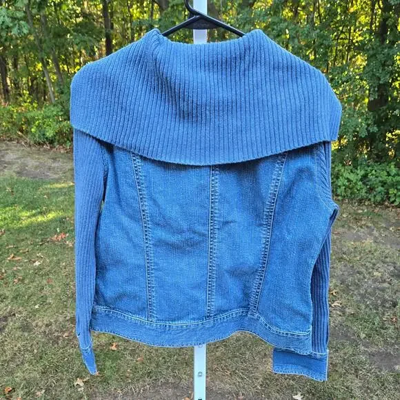 Liz Claiborne Denim Jean Jacket Knit Sleeves Shawl Collar Pocket Cuff Trim sz 14 - Picture 2 of 16
